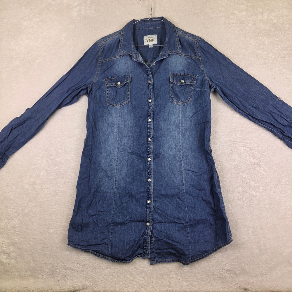 YMI Womens XL Blue Denim Shirt Dress Snap Front Long Sleeve Medium Wash